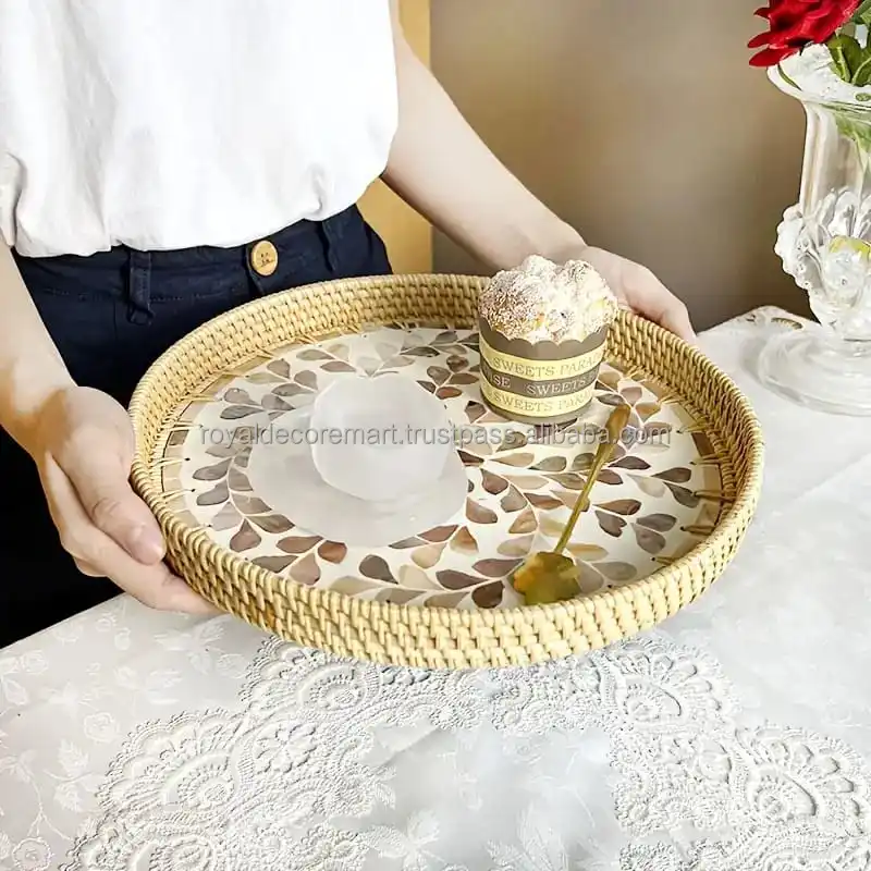 High quality best selling Natural EID Ramadan holiday Rectangle Rattan MOP Serving Tray With Handles  By Royal Decor Mart