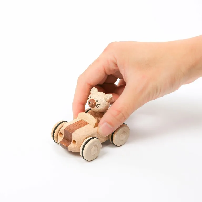 [2A] Wooden Pull back Car Racing Car Lion Wood Crafts
