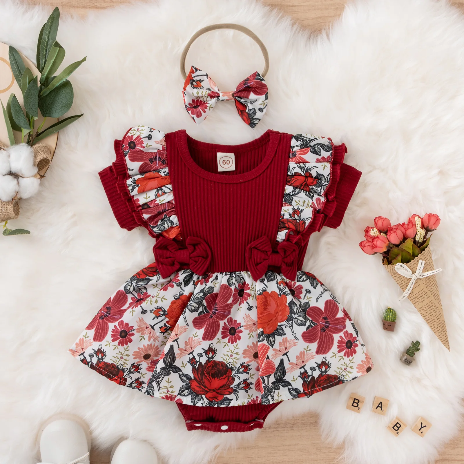 wholesale Baby Girls Dress Set Ruffle Summer Romper Short Sleeve Bow Skirt Cotton Baby Girl Romper