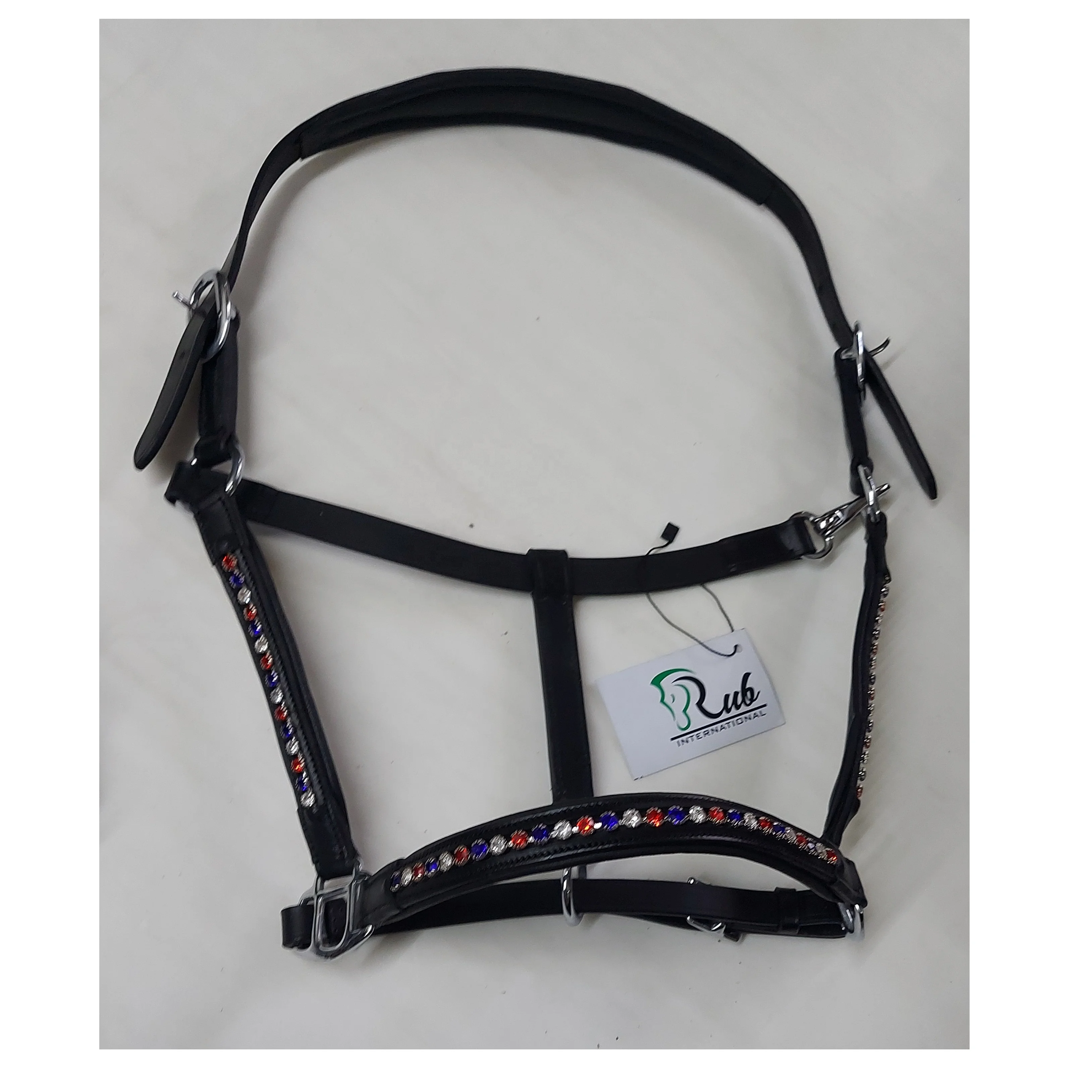 Western Smart Fitting Horse Halter Black Red Blue White Crystal Brass with Nylon Crystal Brass Nylon Horse Halter