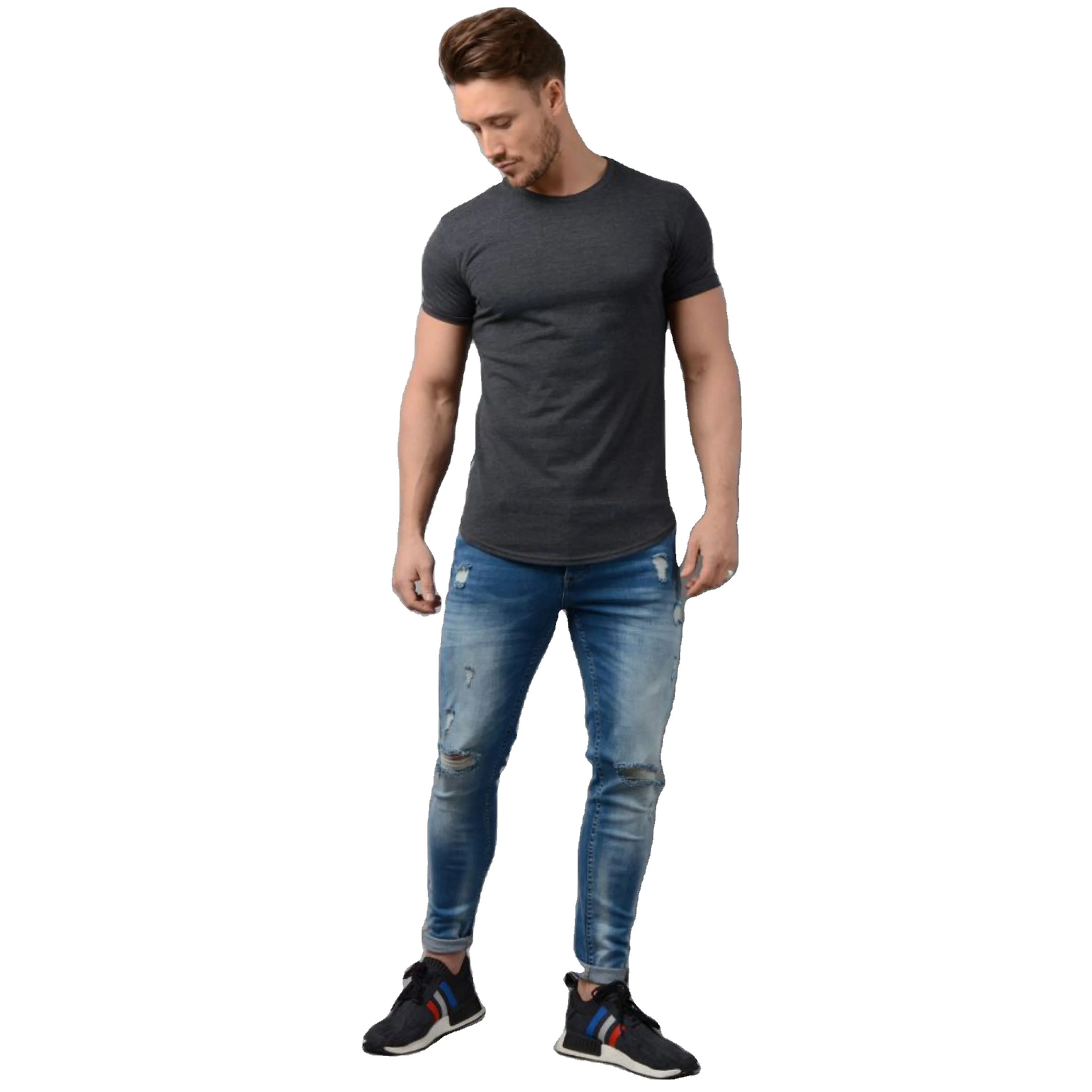 Custom Manufacturer Longline Oversized T Shirt  Mens Fashion Short Sleeve Extended Long Curved  Hem T Shirt