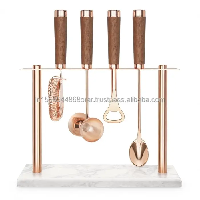 Cocktail Bar Accessory Set 5pc Stainless Steel/Wood/Marble Hanging Tools with Strainer-Opener-Spoon-Peg Measure Copper Design