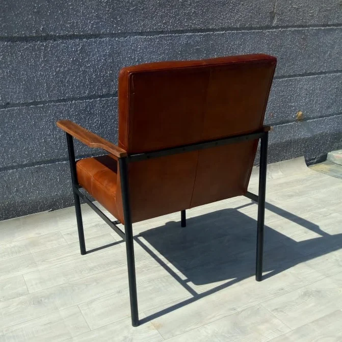 Vintage Iron & Leather Office Chair with Wooden Arm Rest