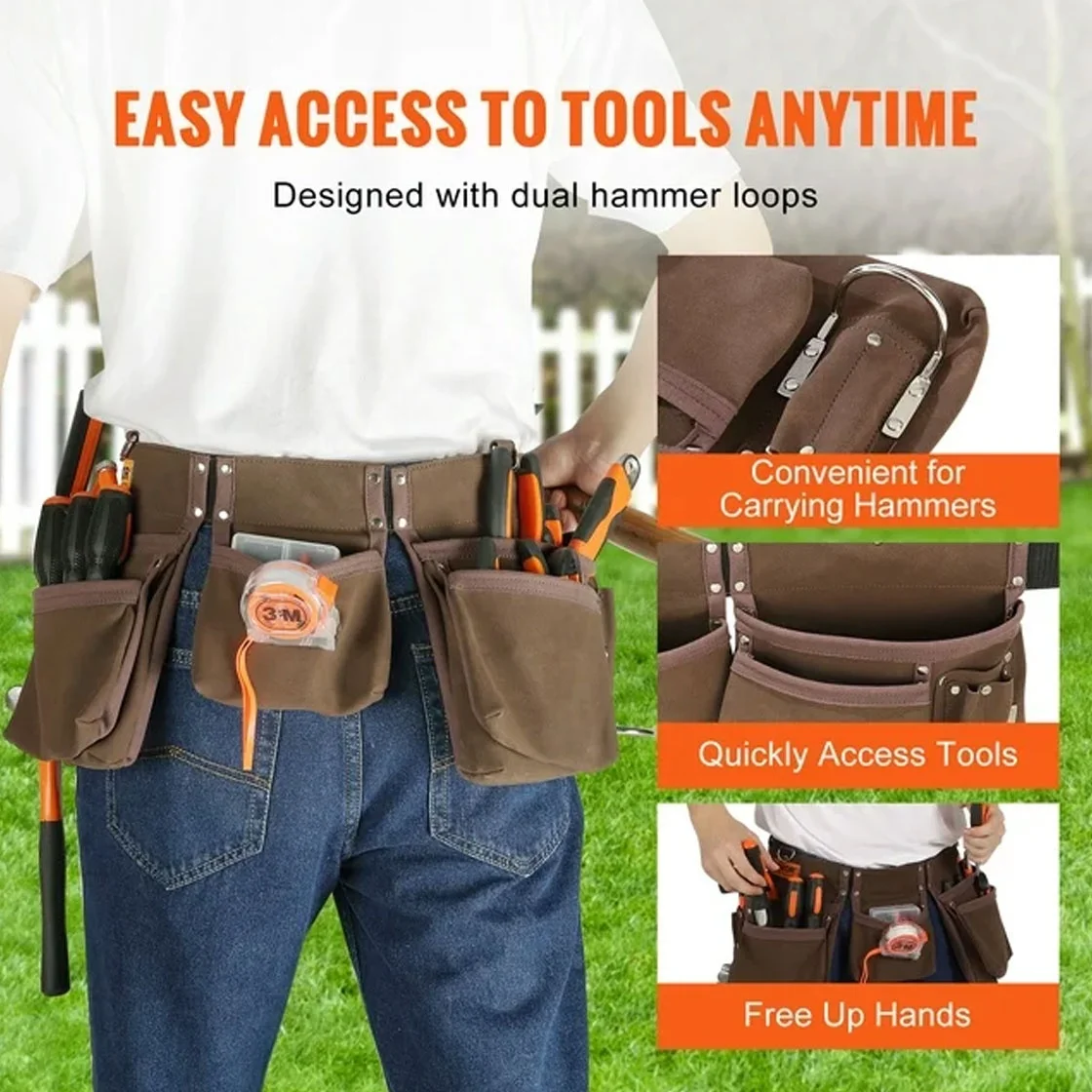 Best Carpenters Tool belt 11 Pockets Suede Leather Tool Belt Portable Adjustable Washable Polyester Waist electrician Tool Bags