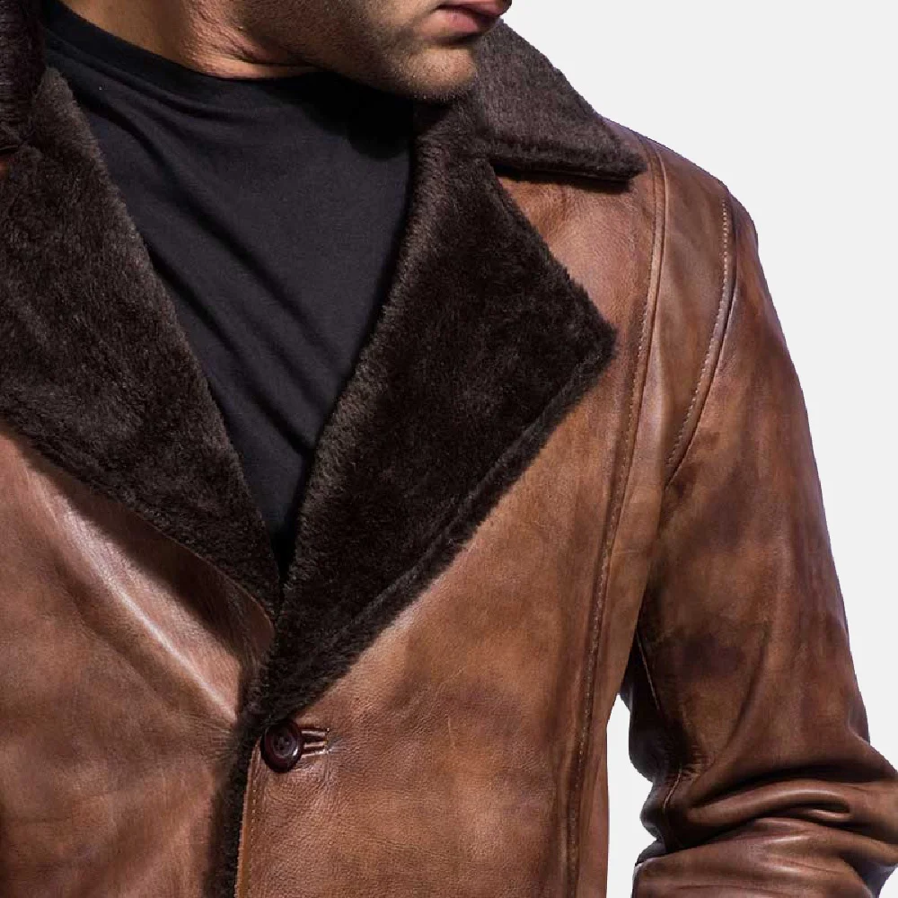 Men Winter Premium Fashionable Brown Fur Long Coat Custom Shearling Design Hand Buffed Soft Sheepskin Genuine Distressed Leather