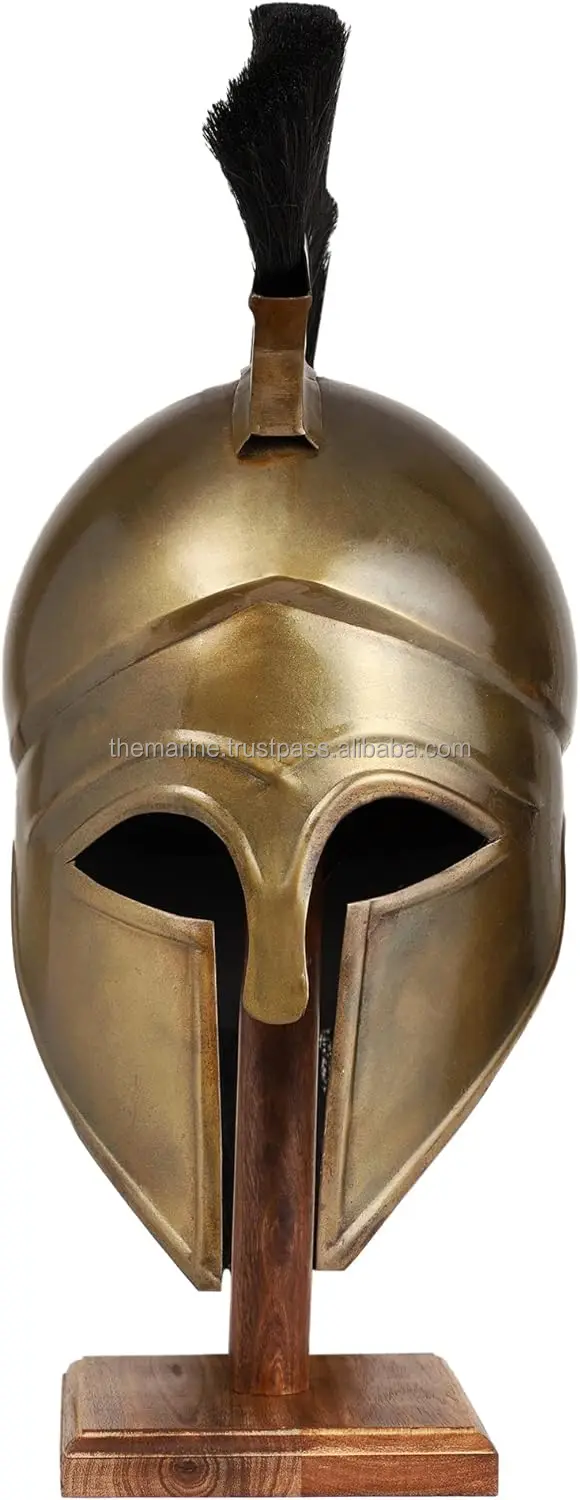 Medieval Knight Spartan Greek Corinthian Helmet With Black Hair Plume & Wooden Stand  Halloween Party Costume For Adults .