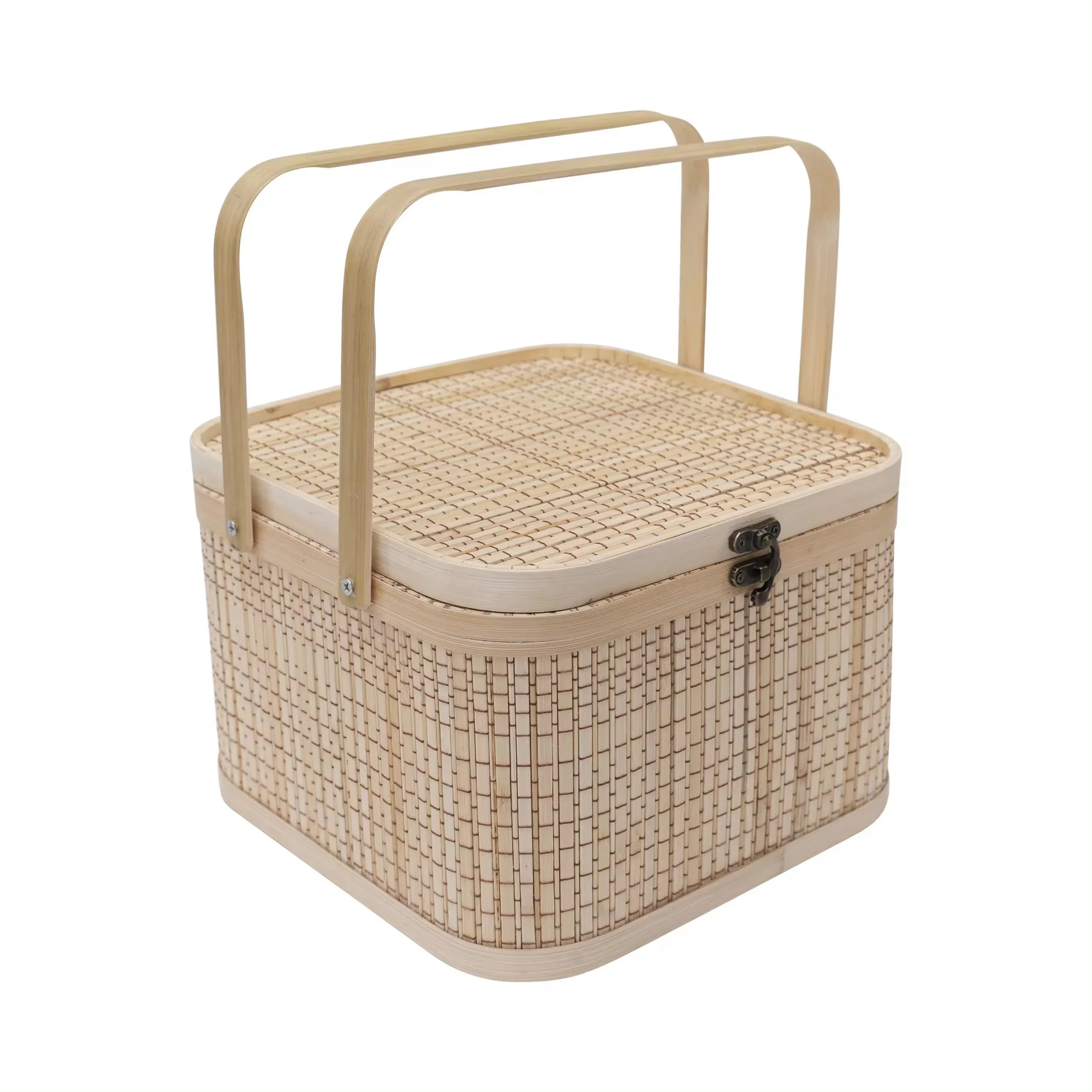 Square Bamboo Basket With Elegant Handle, Natural Color,For Storing Things, Decorating The House Or Taking To Picnics, Gift Box