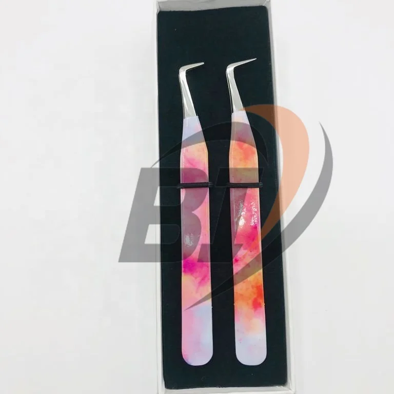 90 Degree Slim Boot Custom Design Paper Coated Stainless Steel Private Logo Hand Tested Volume Eyelash Tweezers