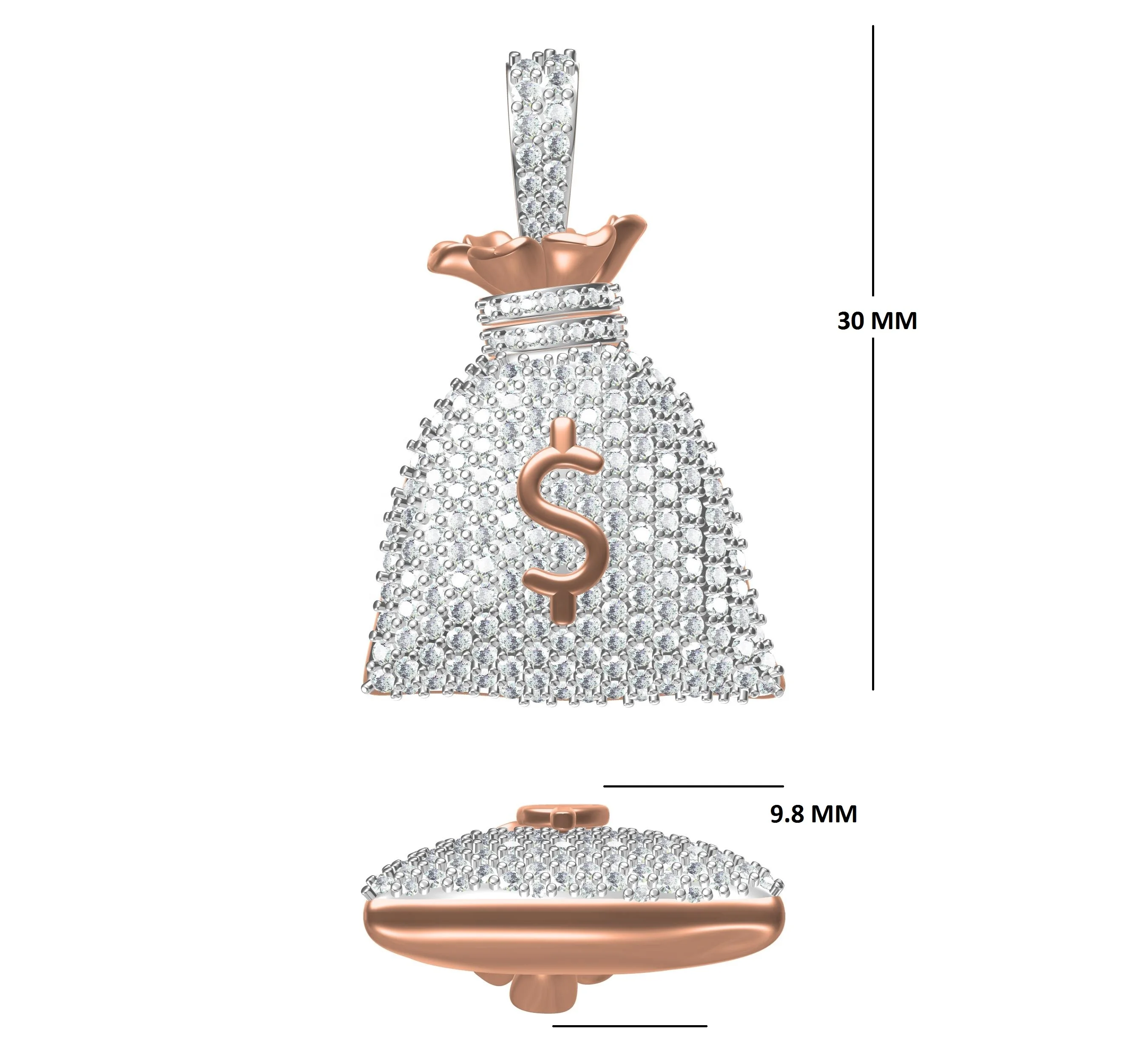 Dollar Money Bag Diamond Pendant at the Best Wholesale Factory Price in 10kt Yellow Rose Gold and Real Precious Diamond