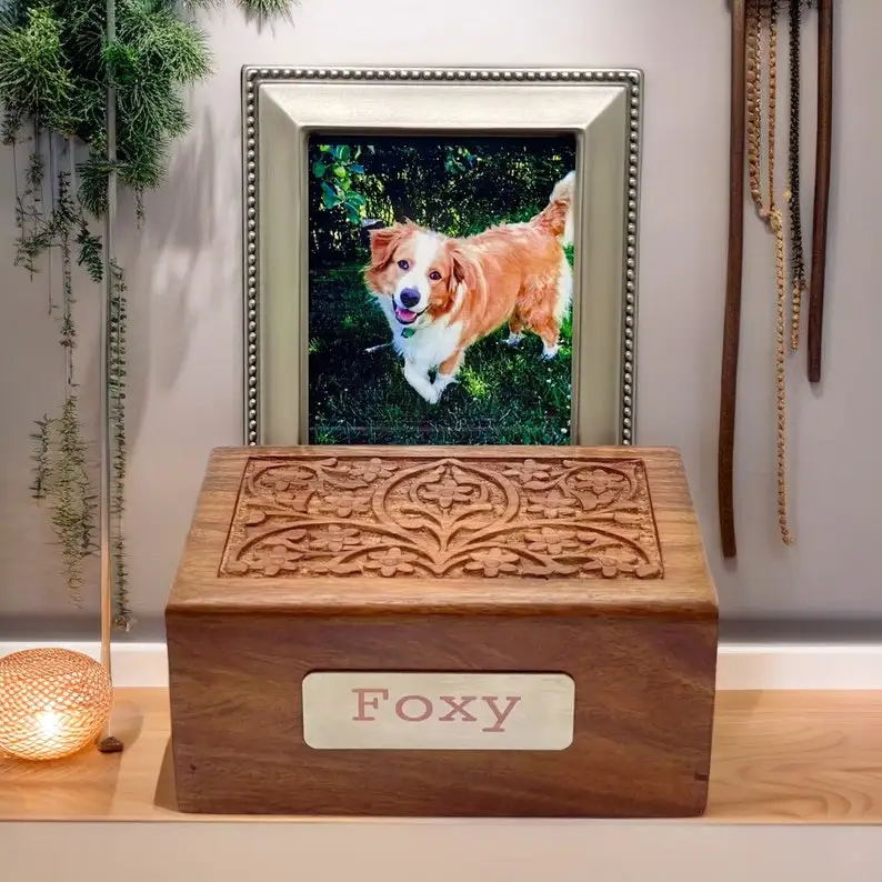 Pet Urn for Ashes Keepsake Carved Rosewood Box Pet Urn in Natural Reddish-Brown Color