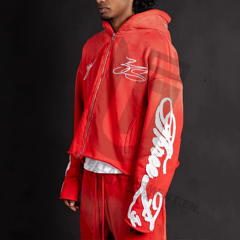 OEM Custom Patch Embroidery French terry Cotton Distressed Raw Hem Acid Wash Sweatpants And Hoodie Set For Men