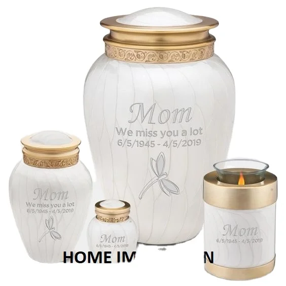 Wholesale Bulk White And Gold Engraved Metal Urns Cremation Ashes Pots And Jar Set Of 4 Different Sizes Pewter Casted Urns