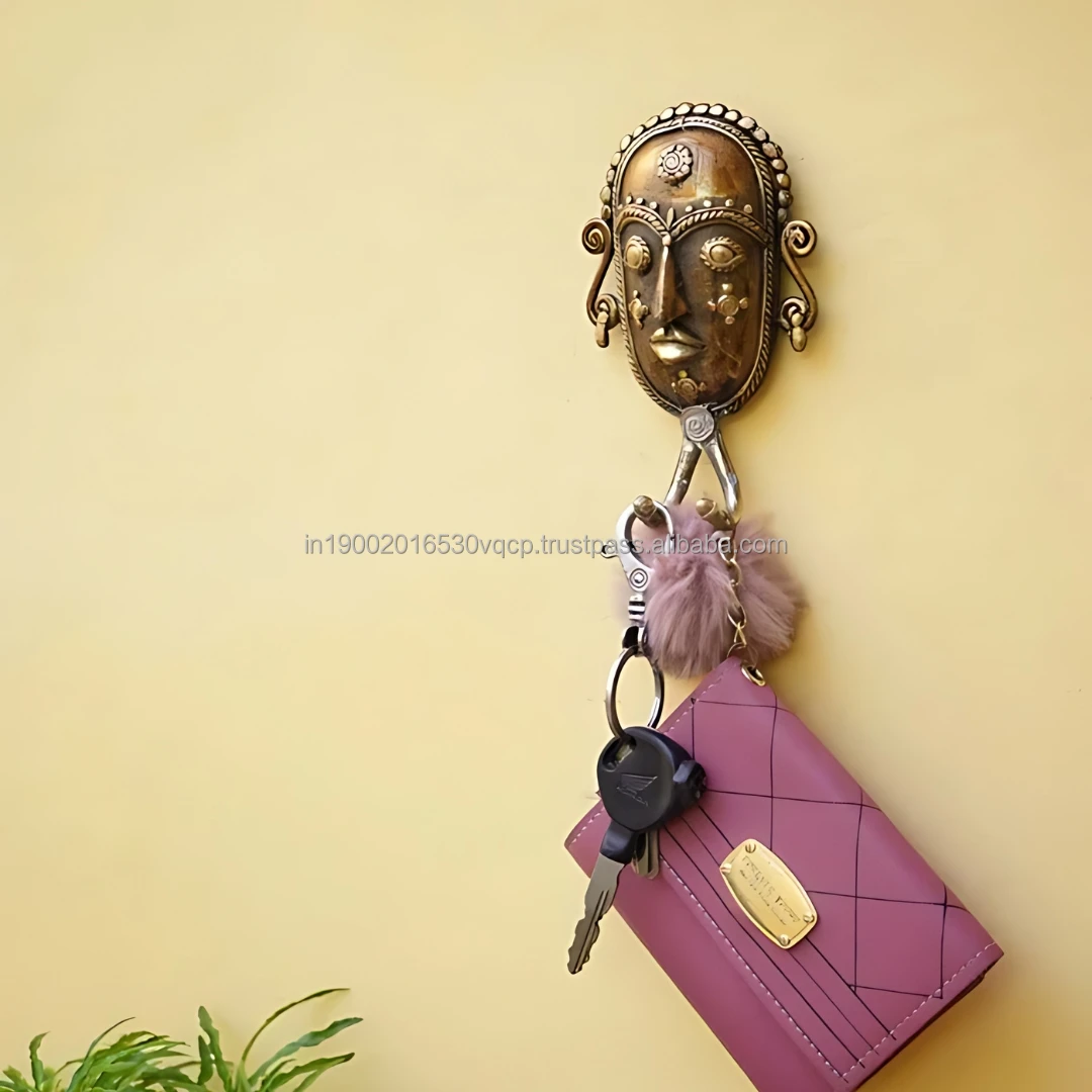 Handmade Bastar Dhokra Antique Art Brass Mask Lady Face Wall Key Hanger 5 Inch for Home & Hotel Decoration From India