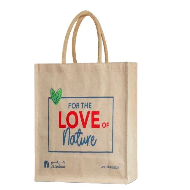 Fashion Design Eco-Friendly custom logo Burlap Market Reusable Grocery Bags Tote Jute Bag Rope Handle