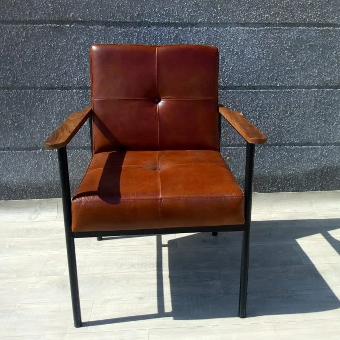 Vintage Iron & Leather Office Chair with Wooden Arm Rest