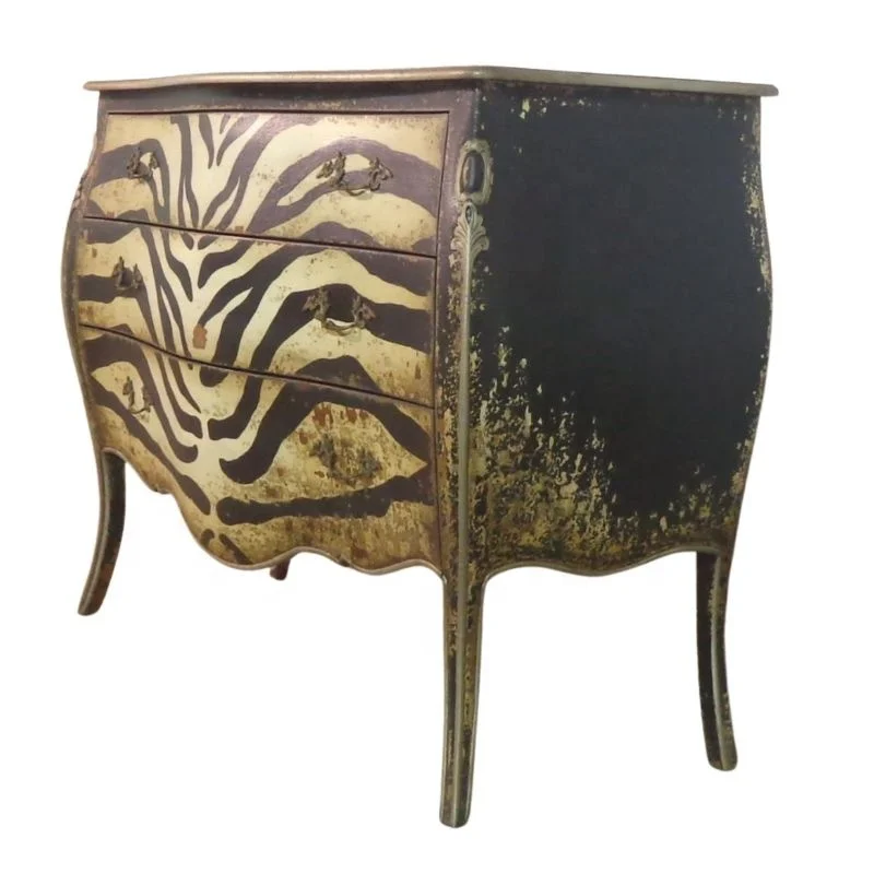 Vintage Zebra Print Commode French Style Solid Wood Chest of Drawers for Antique Bedroom Furniture Set and Hotel Furniture
