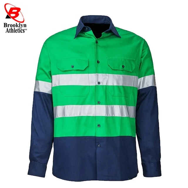 Two Tone Long Sleeve Safety Work shirt Reflective Workwear 100% Cotton Orange Navy Safety Shirts With Hi Vis Tapes