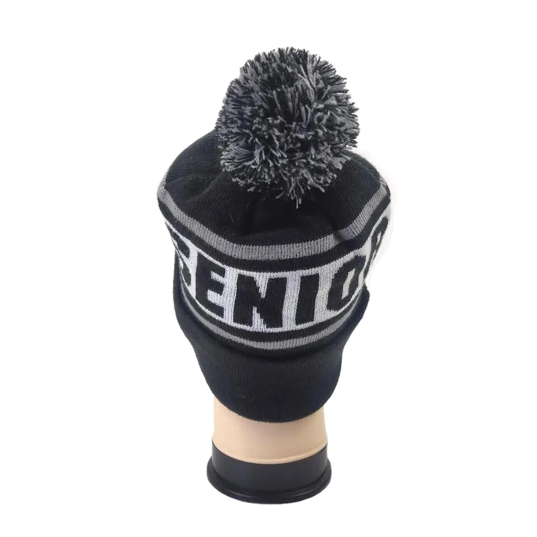 Wool KIMTEX winter custom logo acrylic striped slouch embroidery cuff pom pom skull beanie cap