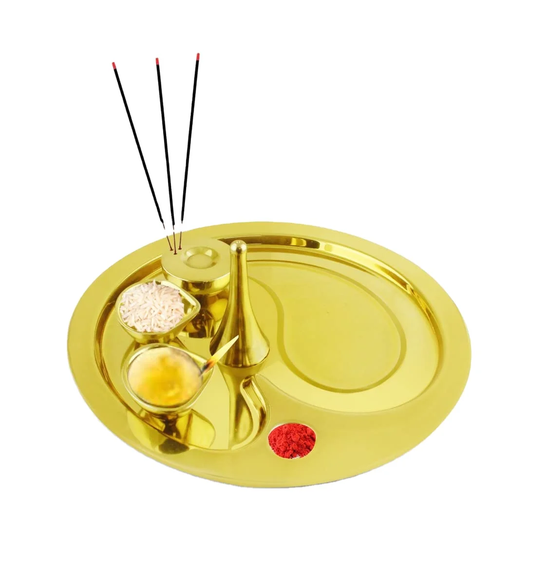 Double Walled High Grade Stain Less Steel Pooja Thali 5 Pc Set Diya, Bowl, Bell and Incense Stick Holder In Gold