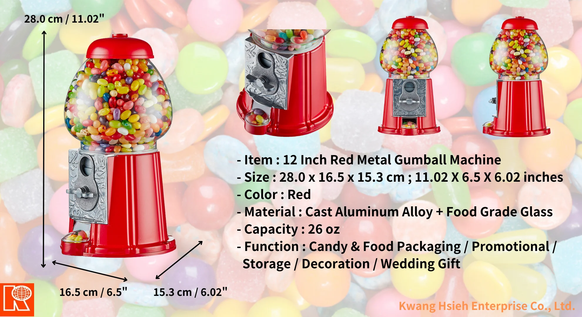 Kwang Hsieh 12 Inch Coin Machines Vending Candy Gumball Vending Machines