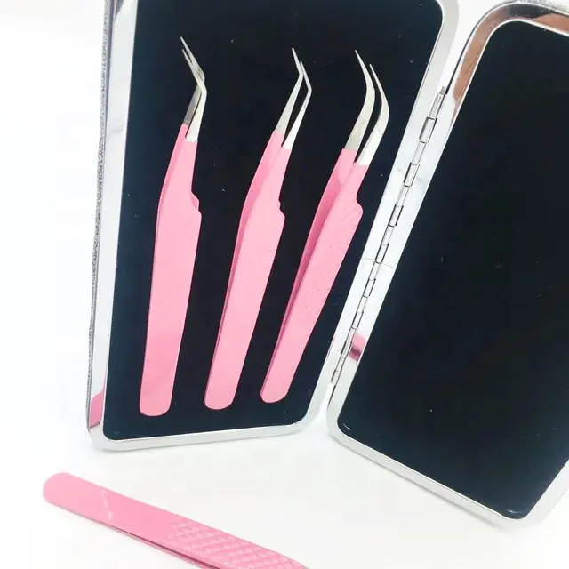 Light Pink Powder Coated Sliver Tips Diamond Grip Solid Eyelash Extension Tweezers Customized Logo Slanted Tips
