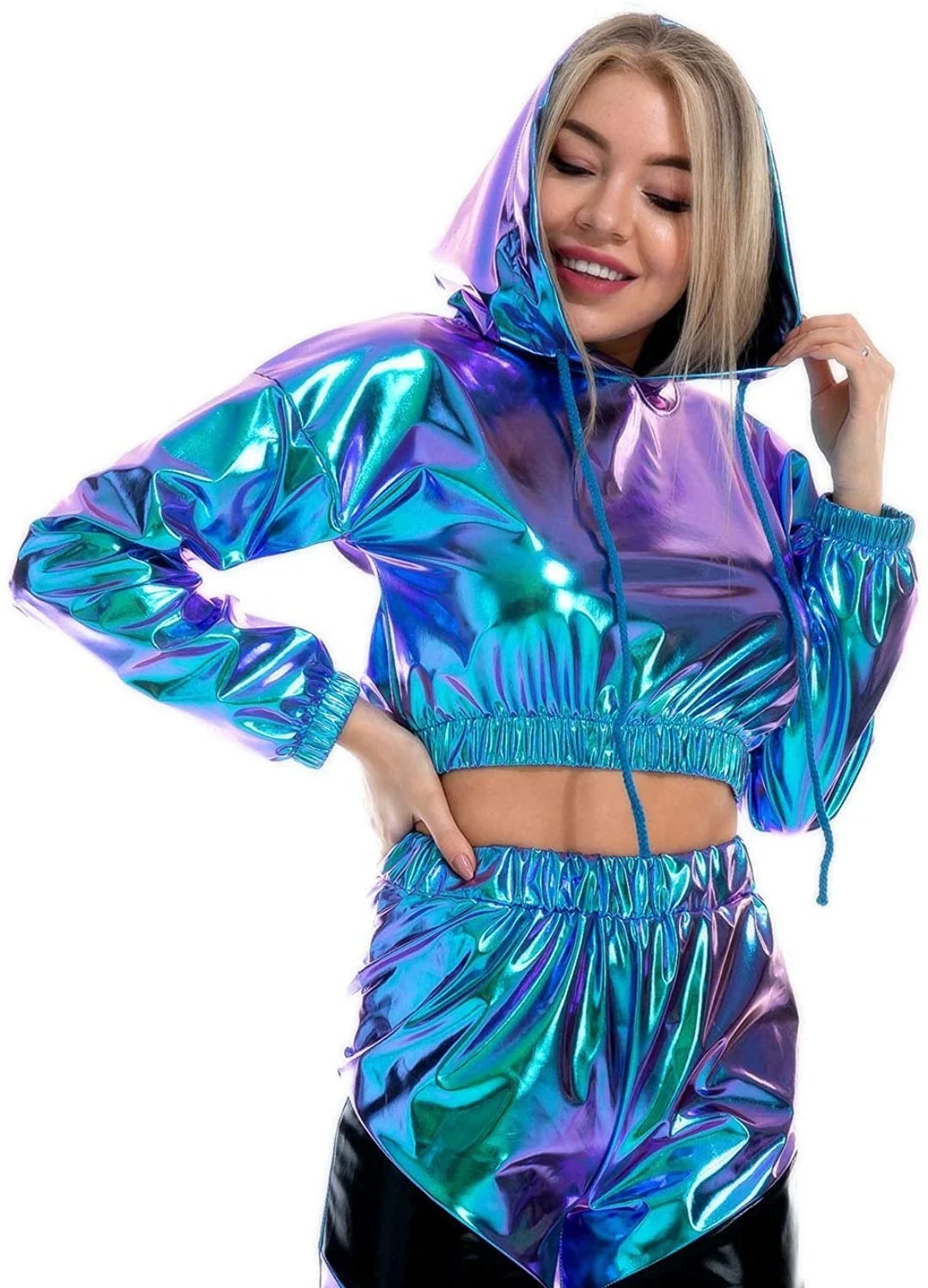Shiny Metallic Crop Hoodies for Women Long Sleeve Wet Look Stretchy Pullover  Sweatshirts Crop Tops Club Wear