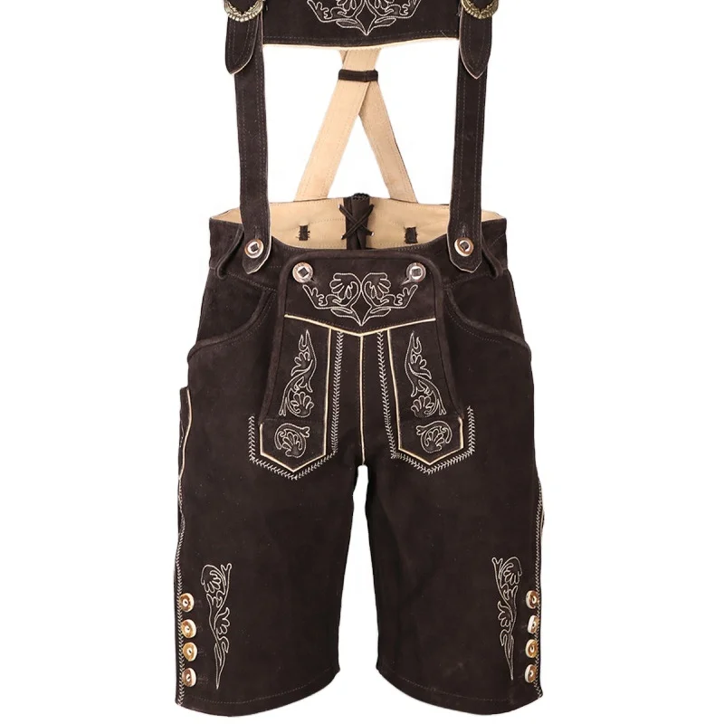 Bavarian Lederhosen Custom OEM Design Short Length Men Lederhosen In Cow-Hide Suede Leather Made Dark Brown Color Lederhosen