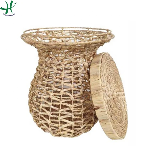 Handwoven Water Hyacinth with Metal Frame Table With, Living Room Furniture Round Coffee Side Table