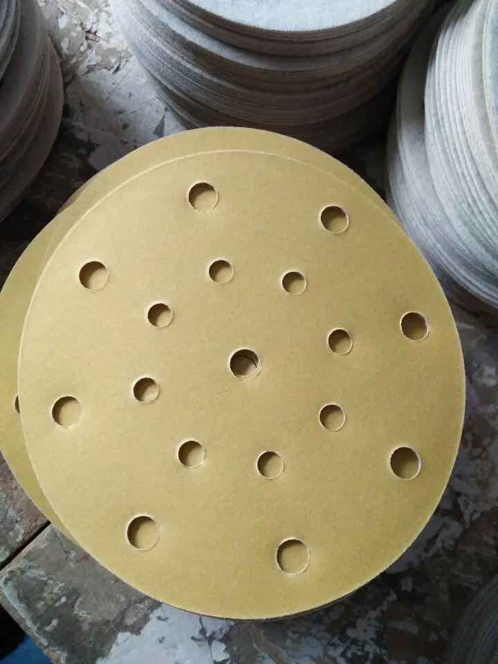 Factory abrasive 4.5/5/ 6 inch custom  hole grinding aluminum velcro disc PSA gold sand paper sanding disc