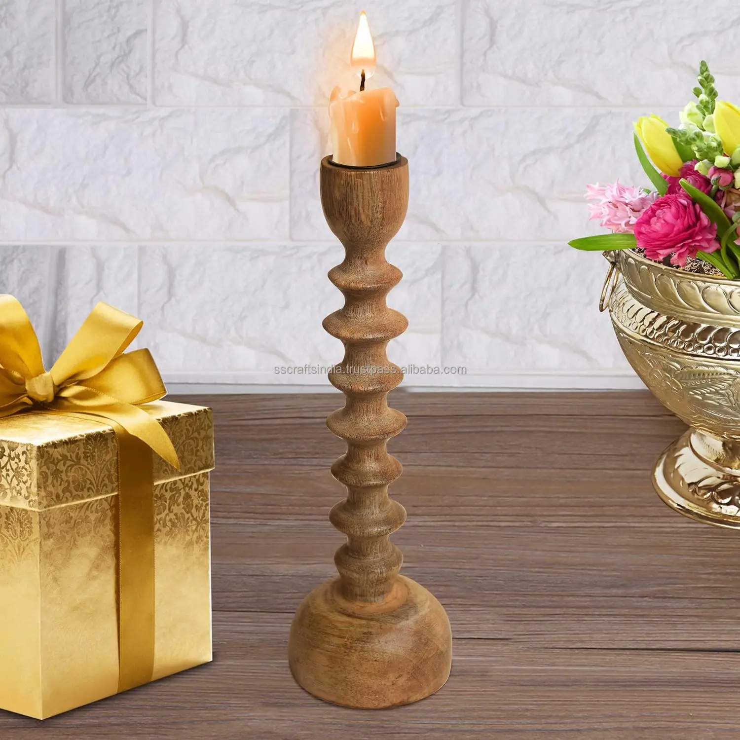Handmade Wooden Candle Stand Candle Holder for Home Decor/Church/Party and Wedding (Natural 23.5CM) Made In India