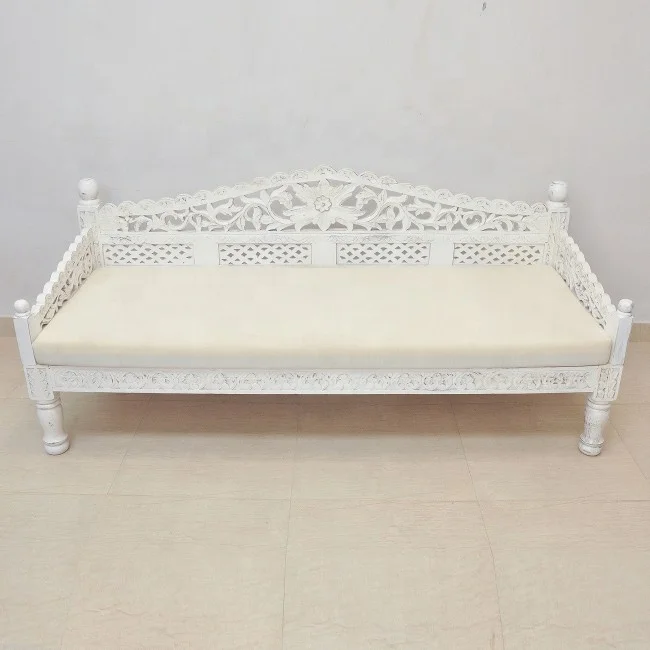Indian Hand Carved XL Daybed Jodhpur Rustic Solid Wood Handcrafted Daybed Vintage Antique French Style Carving Daybed