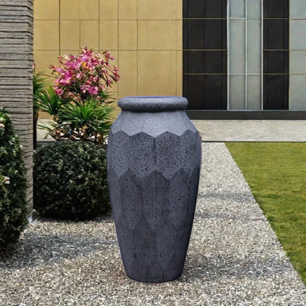 European-Style Fiberglass Garden Pots & Planter For Lobby Hotel And Balcony Decoration Black Stone Paint Floor-Standing