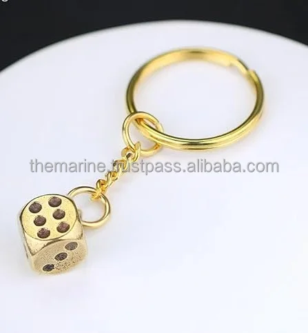 Vintage Antique Mini Dice Key Chain Pendant Solid Brass Unique Design Lightweight Beautiful Number Pattern Metal Plastic