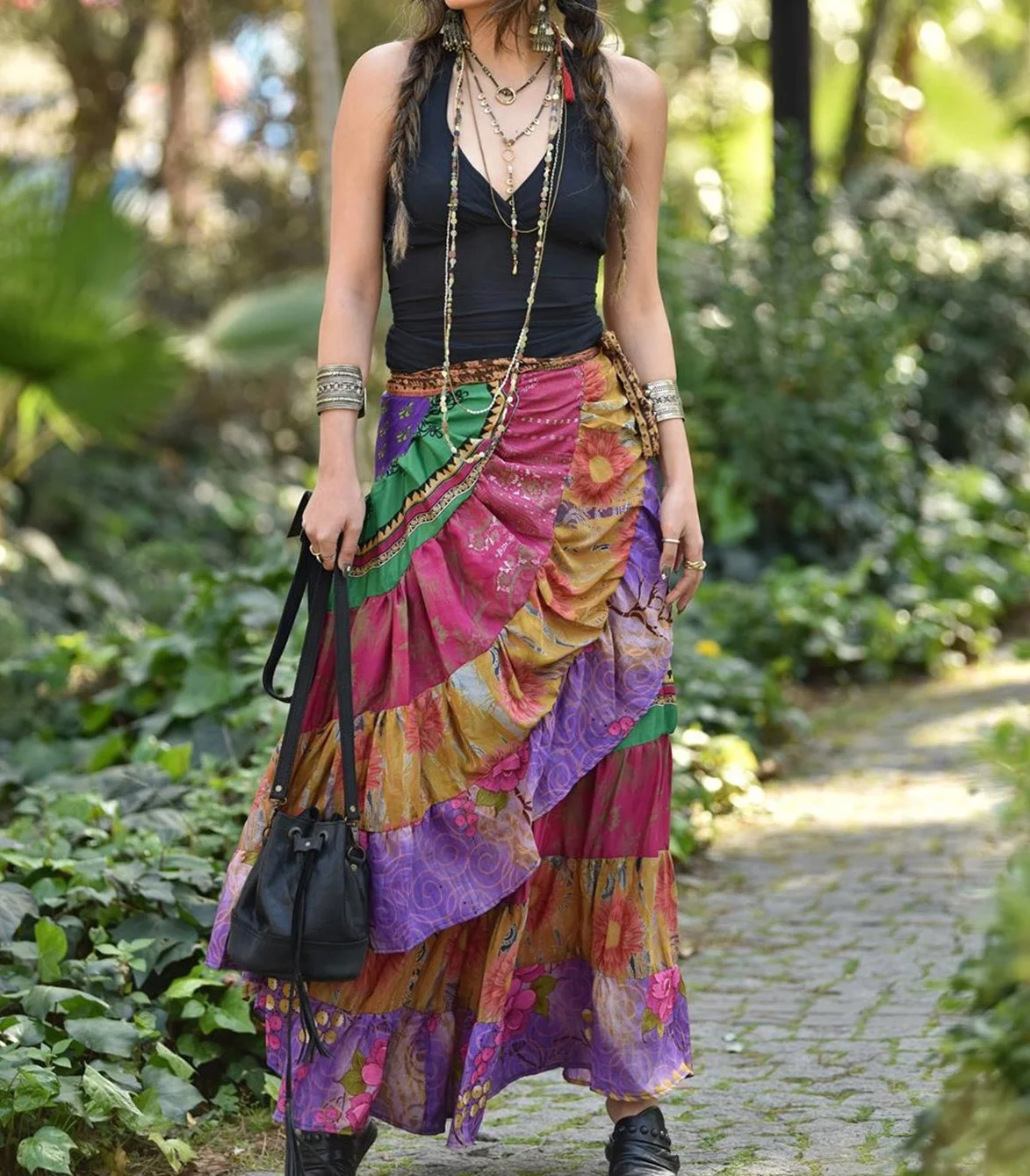 Multicolored Women Wear Indian Sari Silk Frill Skirt