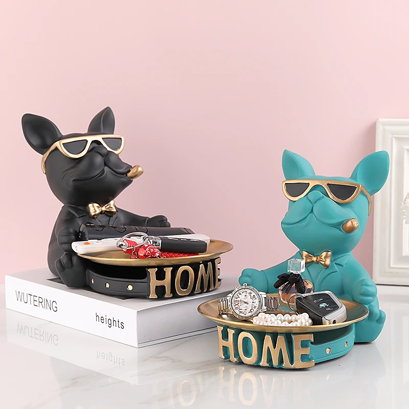 Resin Dog Sculpture Design Statue French Bulldog Butler with Metal Tray for Keys Holder Home Decor Animal Ornaments Nordic Art
