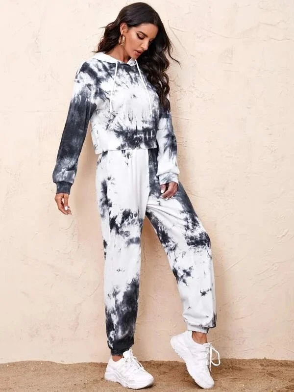 Wholesale Customized 2021 New Design High Quality Rib Knit Tie Dye Hoodie Women Tracksuit