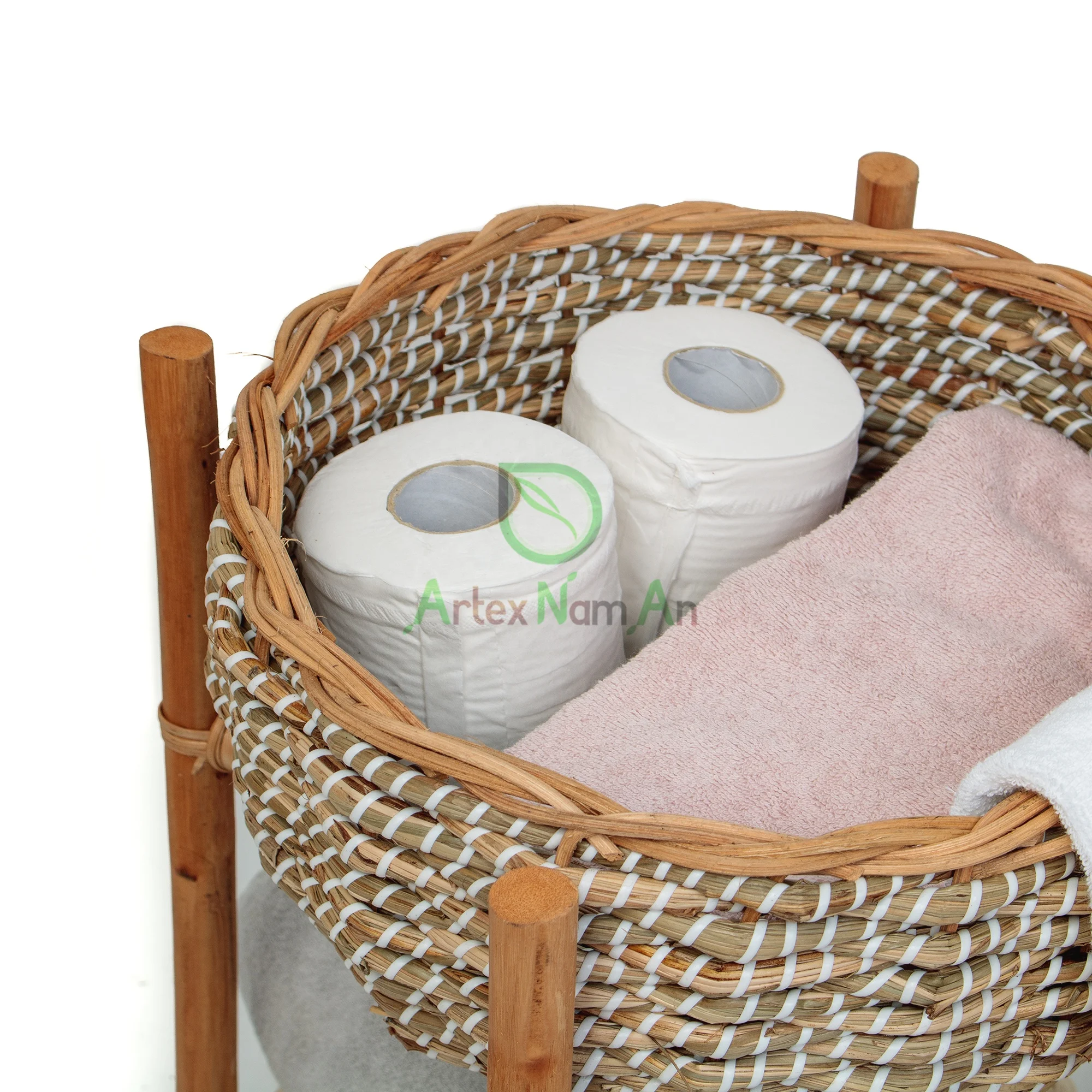 Household essentials large seagrass wicker laundry hamper with lid/freestanding clothes basket/tall storage basket with stand