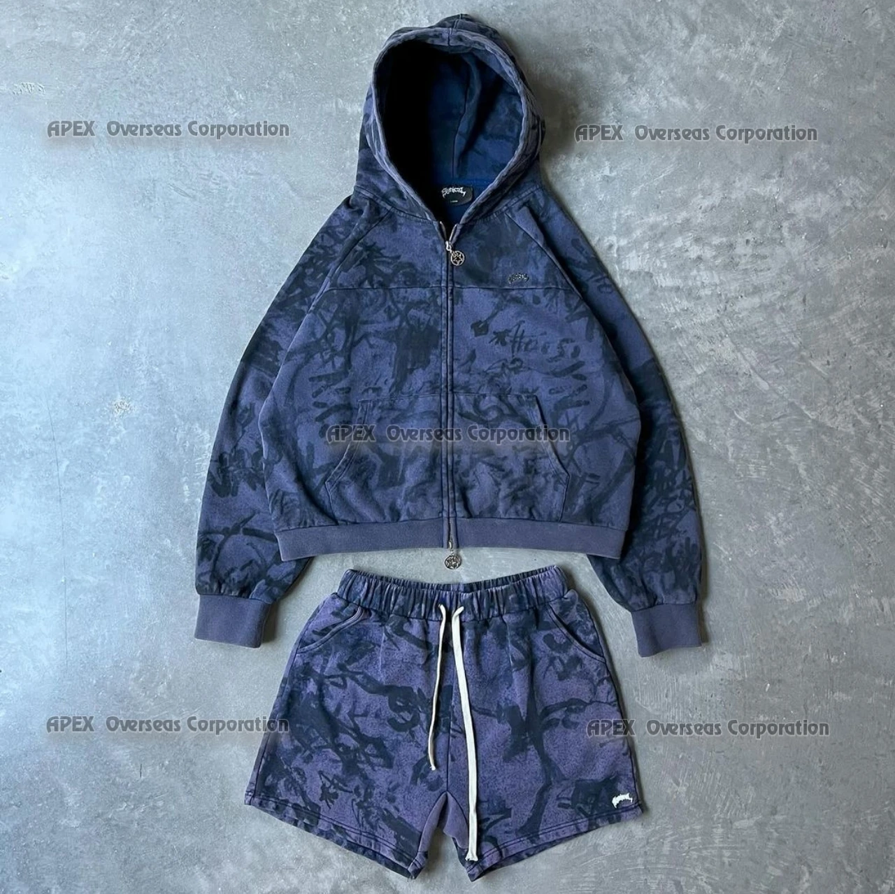 Manufacturers Full Zip Stone Wash Hoodie and Short Sets Men Blank Acid Washed Zip Up Hoodie with Own  Custom Logo