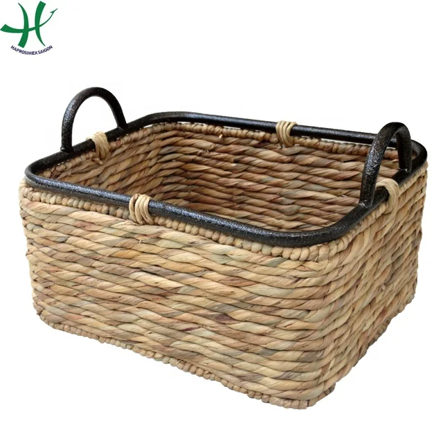 Round water hyacinth storage basket with metal handles and natural color Storage Boxes & Bins