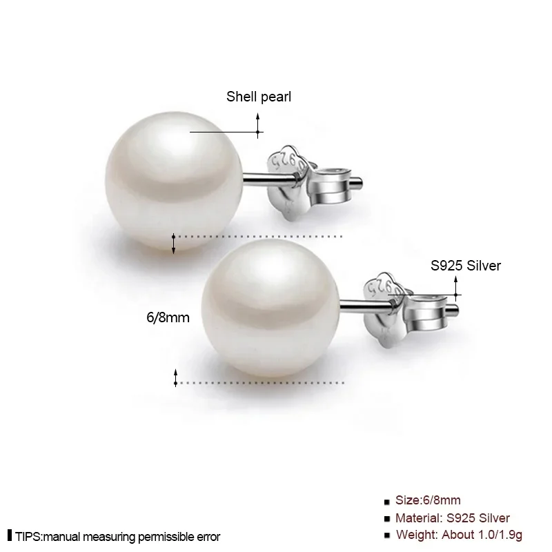Jewelry Hot Products Shell Pearl Stud Earring S925 Silver Bling Pearl Sterling Silver Women 6-8mm Silver 925 Note 7 Working Days