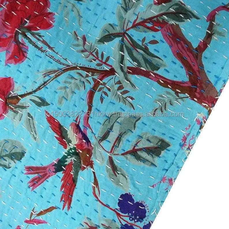 Одеяло Kantha с бирюзовым цветочным принтом винтажное одеяло ручной работы двухместное бирюзовое покрывало хлопковое постельное белье