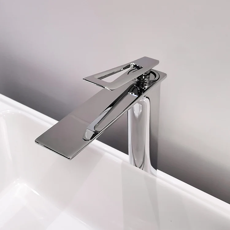 Tall basin brass body single hollow handle faucet cold hot water central deck mounted mixer faucet