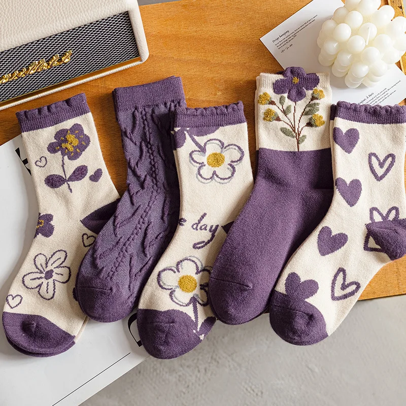 Winter Japanese Fancy Cashmere Wool Velvet Women Socks Thick Warm Cute Flower Purple Wool Socks Women