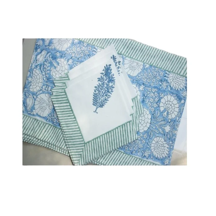 Blue Floral Hand Block Print Indian Cotton Floral Table Mats & Napkin Set of 6 Napkins & 6 Mats