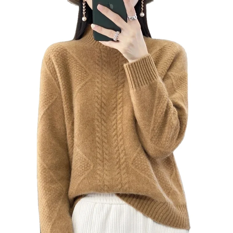 Branded Female Pullover Long Sleeve Half Turtleneck Jumper Loose Large Size Tops 100% Wool Knitted Clothes