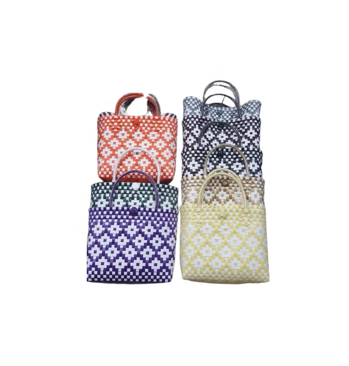 Handwoven Plastic Basket Bag With Leather Handle  - Handmade plastic woven handbag for women Fashion Accessory
