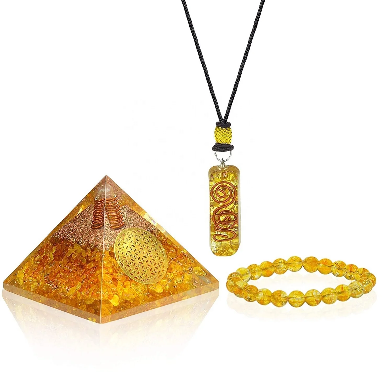 Natural Citrine Orgone Pyramid With Orgone Energy Pendant and Reiki Bracelet Citrine Orgone Sets
