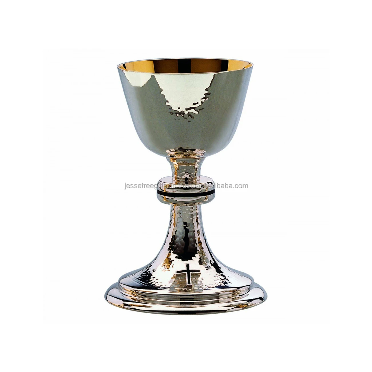 Brass Church Chalice With Nickel Plating Finishing Round Shape Hammered Design Cross Inlay On Base Premium Quality For Drinking