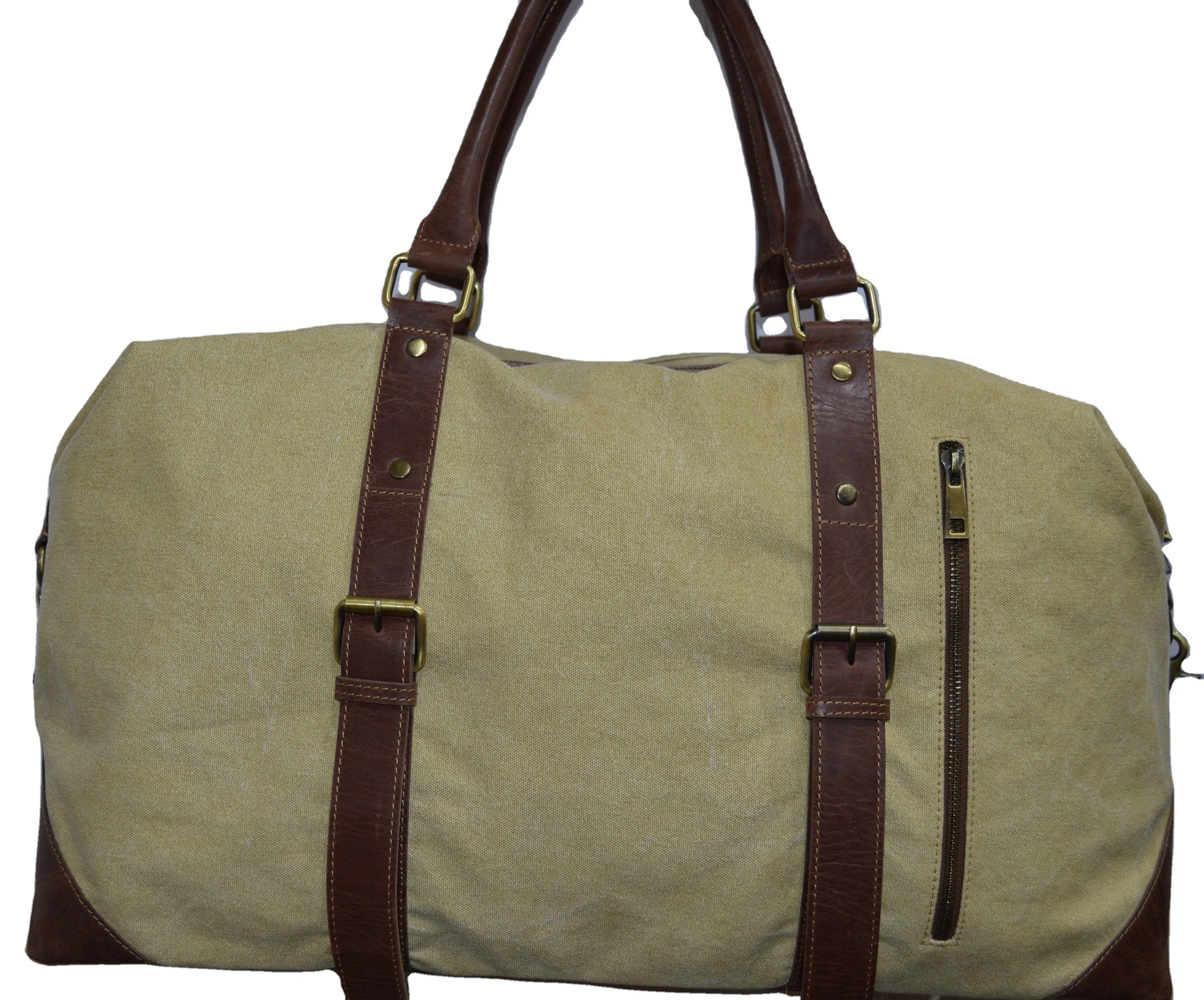 
High Quality Canvas Genuine Leather Weekender Overnight Bag Travel Duffel Bag 