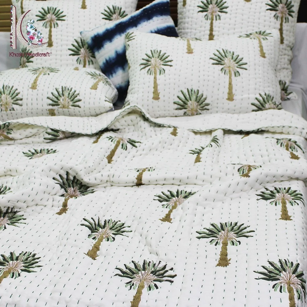 Зеленое одеяло kantha с пальмой оптовая продажа из 100% хлопка для королевской королевы